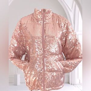 Grace + Emma All Over Sequence Puffer Jacket Coat Rose Gold Shiny Sparkly Med